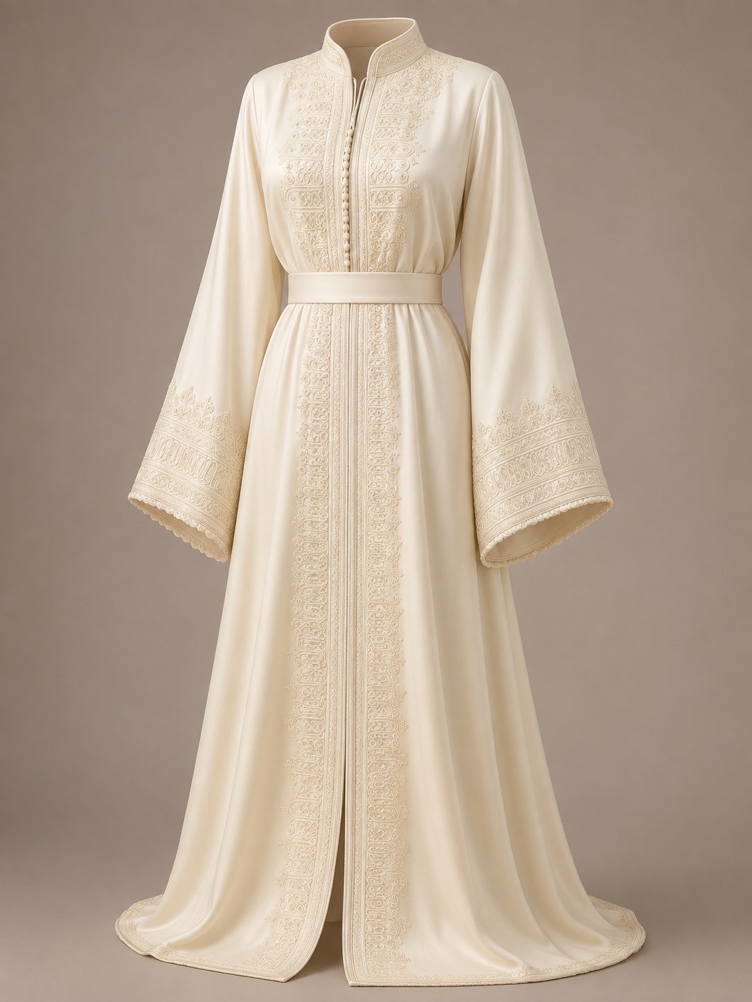 Ivory kaftan with embroidered details and belt